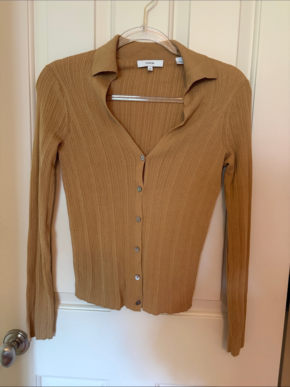 Vince Ribbed Button-Front Long Sleeve Shirt in Camel Brown